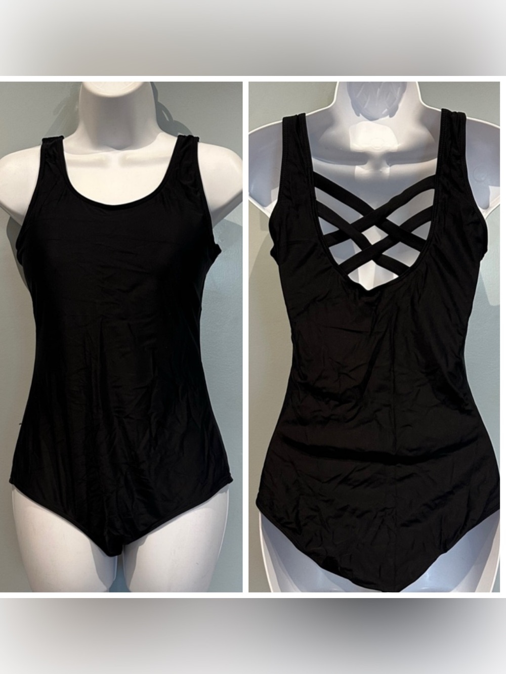 Crisscross Back Black Scoop Neck One-Piece Swimsuit Medium NWOT